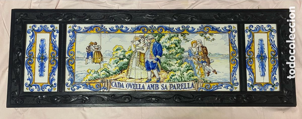 Oggetti Antichi: Mural de 14 Azulejos Cer&aacute;mica enmarcado madera tallada Ceramista Salvador Sunet Urgell&egrave;s pieza &uacute;nica