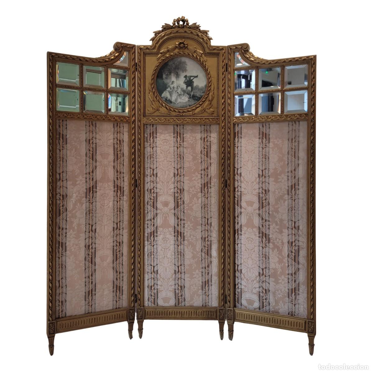 Antiquit&eacute;s: Biombo Napole&oacute;n III, Madera dorada, f. s. XIX &ndash; Francia