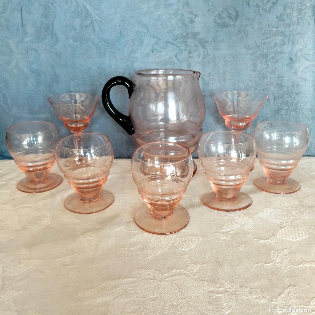 Antiques: Jarra de cristal soplado a mano color rosado con vasos y copas asa negra de estilo Art Deco a&ntilde;os 40