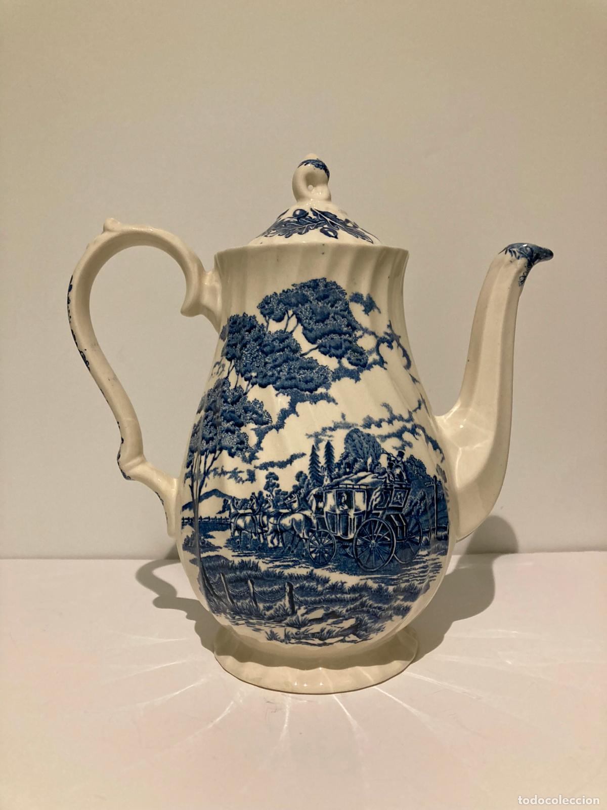 Antig&uuml;edades: Cafetera en cer&aacute;mica inglesa decoraciones azules. Myott, Staffordshire. A&ntilde;os 50