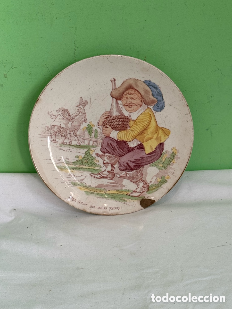 Antiquit&auml;ten: Plato parlante Sarreguemines Francia escena humor&iacute;stica vino siglo XIX Utzschneider