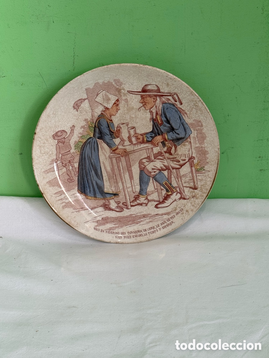 Antiques: Plato parlante Sarreguemines Francia escena bretona costumbrista siglo XIX Utzschneider