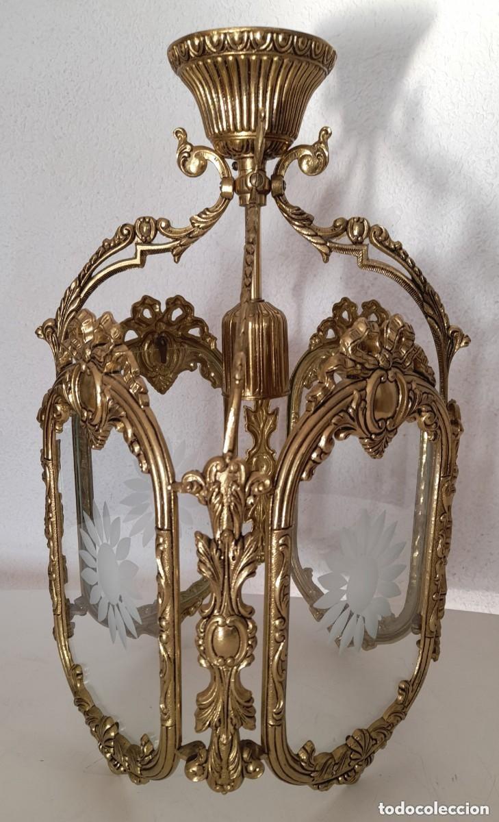 Antig&uuml;edades: L&aacute;mpara farol cuatro lados cristales tallados grabados al &aacute;cido metal cromado dorado bronce ?? 45cm