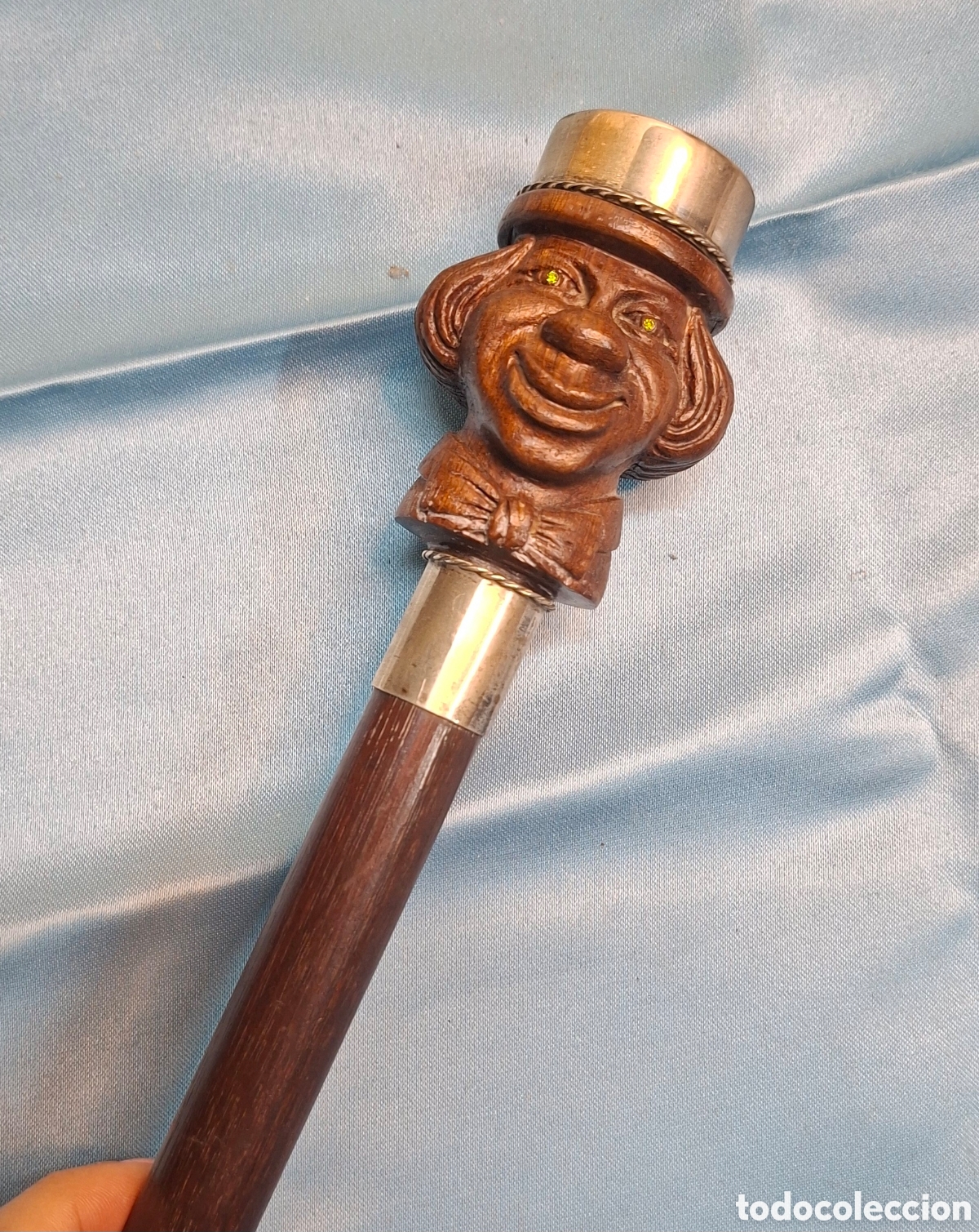 Antig&uuml;edades: Bast&oacute;n antiguo madera y plata cara payaso