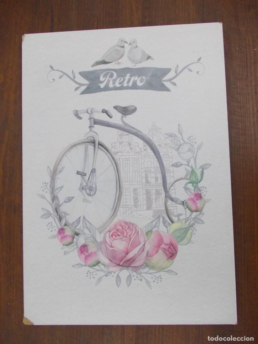 Antiquit&auml;ten: Cuadro L&aacute;mina Decorativa Bicicleta Antigua Rueda Alta Ilustraci&oacute;n Rosas Estilo Shabby Chic Rom&aacute;ntico