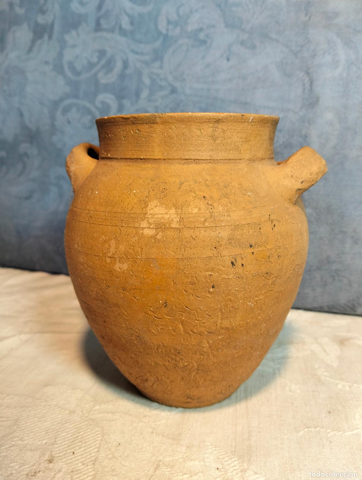 Antig&uuml;edades: Jarra orza de cer&aacute;mica antigua marr&oacute;n ollita puchero de miel peque&ntilde;o de 14 cm hecho a mano