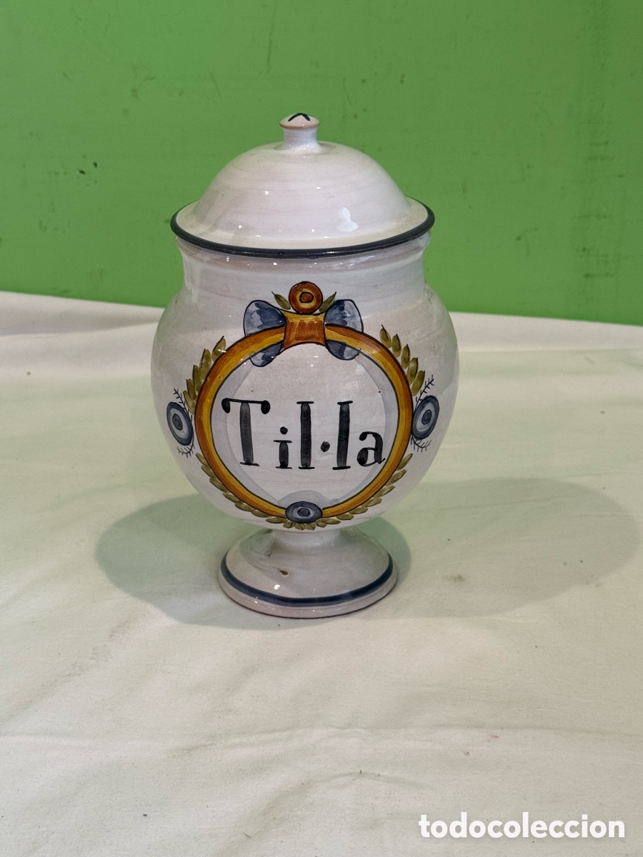 Antiquit&auml;ten: Albarelo antiguo farmacia cer&aacute;mica espa&ntilde;ola Til&middot;la con tapa original siglo XIX-XX