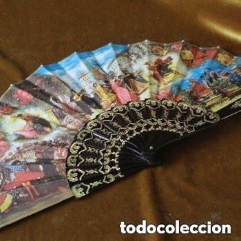 Antig&uuml;edades: Abanico de tela y madera. Varillas de madera. Pa&iacute;s de tela con escenas &rdquo;Typical Spanish&rdquo; en color.