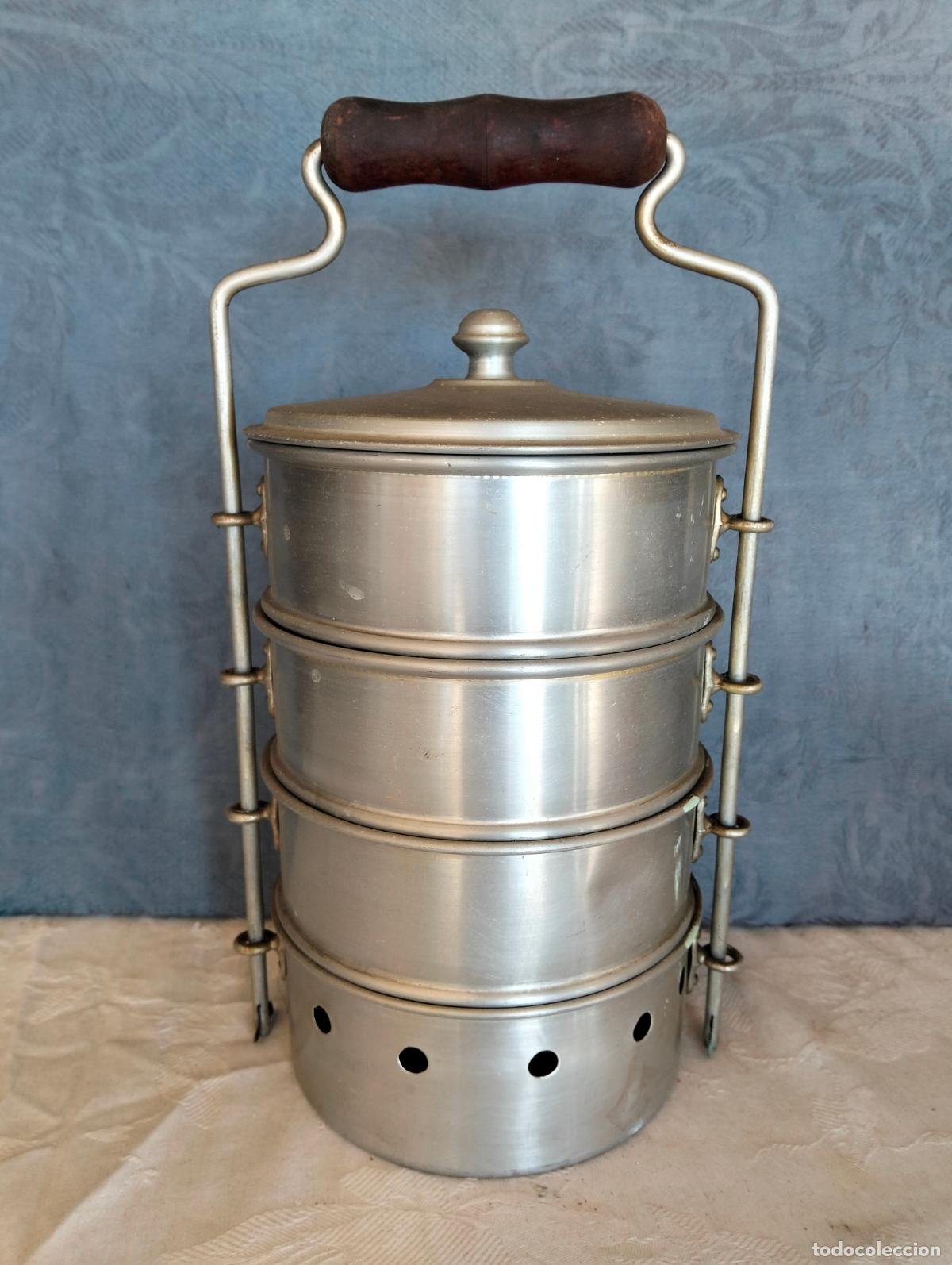 Oggetti Antichi: Lote de 4 fiambreras de aluminio en una con asa superior de los a&ntilde;os 50