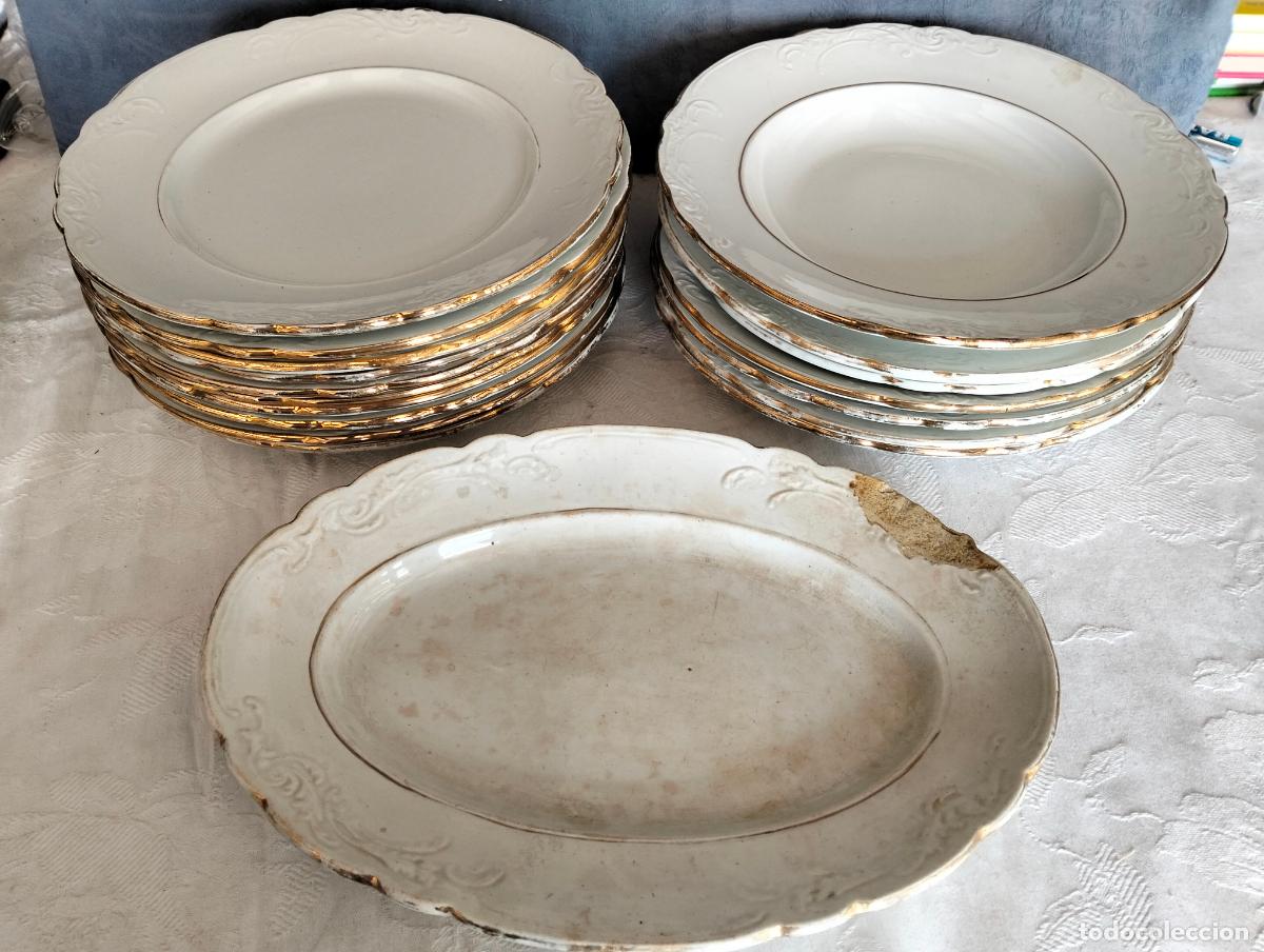 Oggetti Antichi: Vajilla antigua de porcelana blanca marca I.T. Santander filo dorado de los a&ntilde;os 60