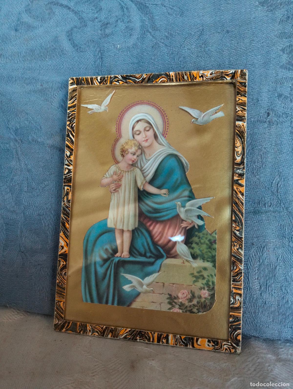 Antig&uuml;edades: Cuadro religioso de la Virgen Maria y el ni&ntilde;o Jes&uacute;s con palomas lamina antigua de los a&ntilde;os 60