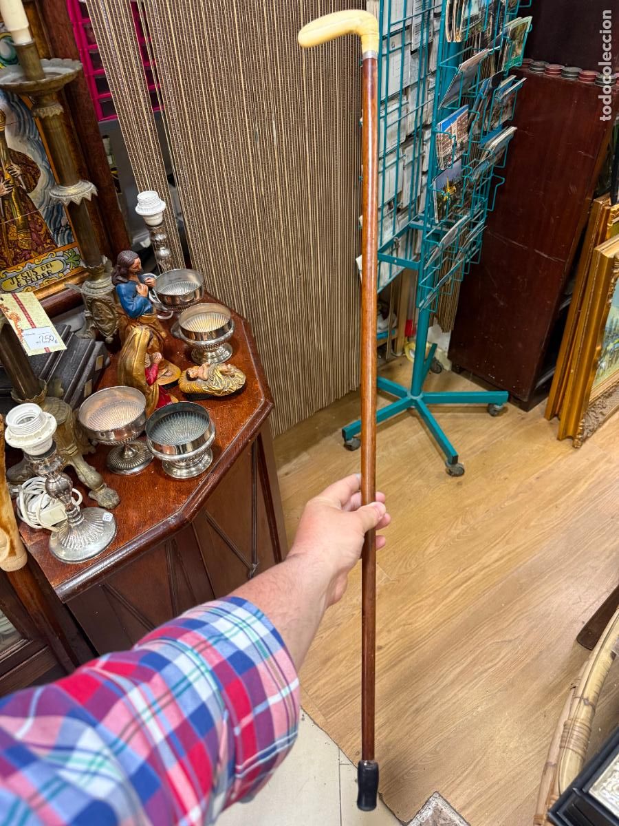 Antig&uuml;edades: BASTON DE MADERA CON PU&Ntilde;O DE HUESO Y PLATA DE LEY CONTRASTADA - MEDIDA 86,5 CM
