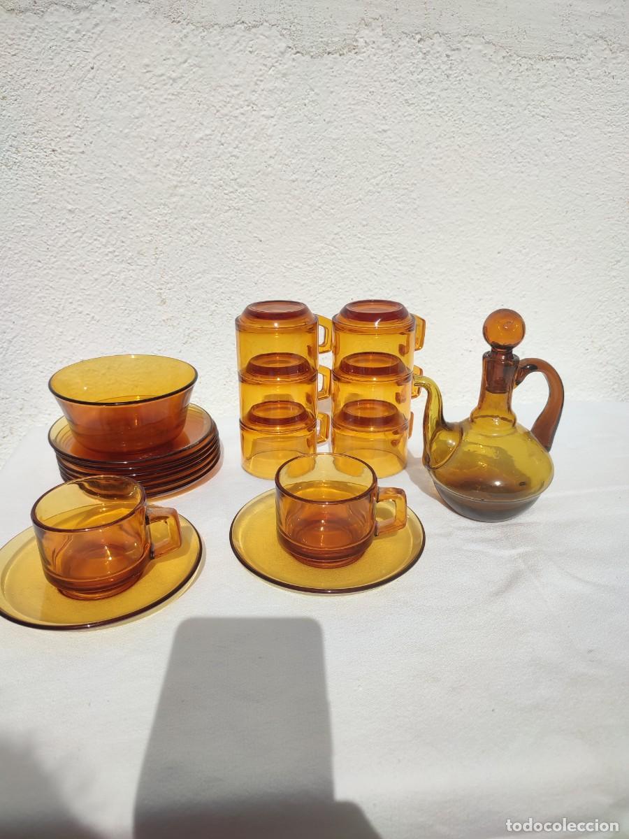 Antig&uuml;edades: Conjunto caf&eacute; 8 piezas duralex marron, con aceitera y cuenco peque&ntilde;o