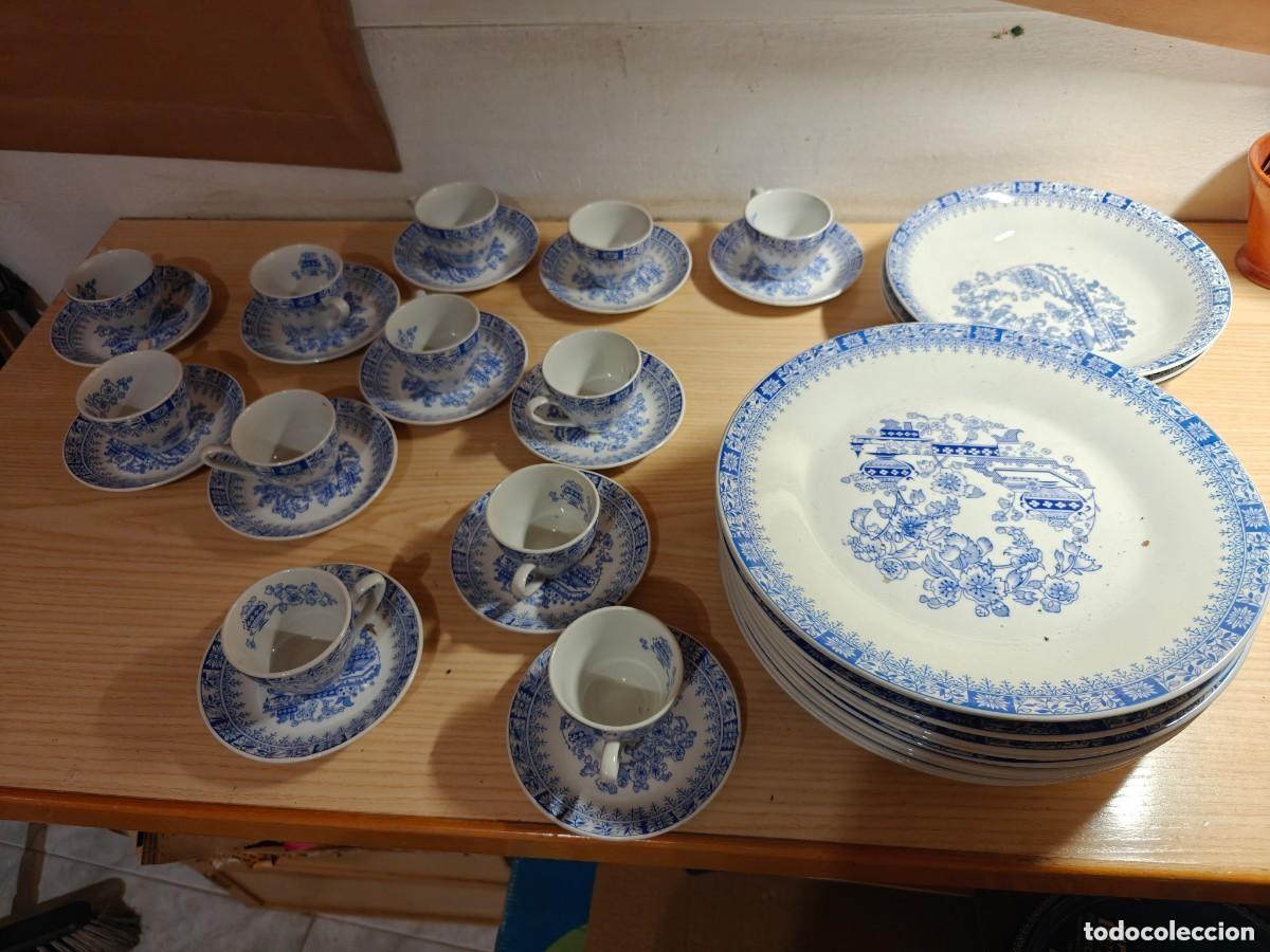 Antiguidades: Lote vajilla Pontesa Ironstone China Blau 9 platos planos 3 hondos 12 tazas con plato Made in Spain