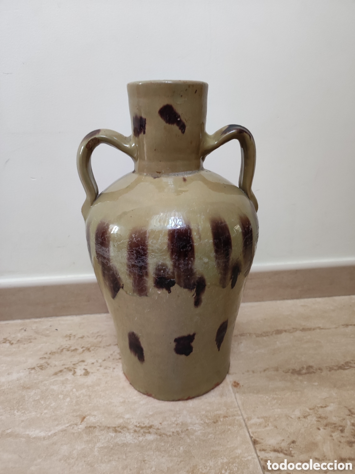 Antiques: Antiguo c&aacute;ntaro barro vidriado con manchas valencia 48 cm alto