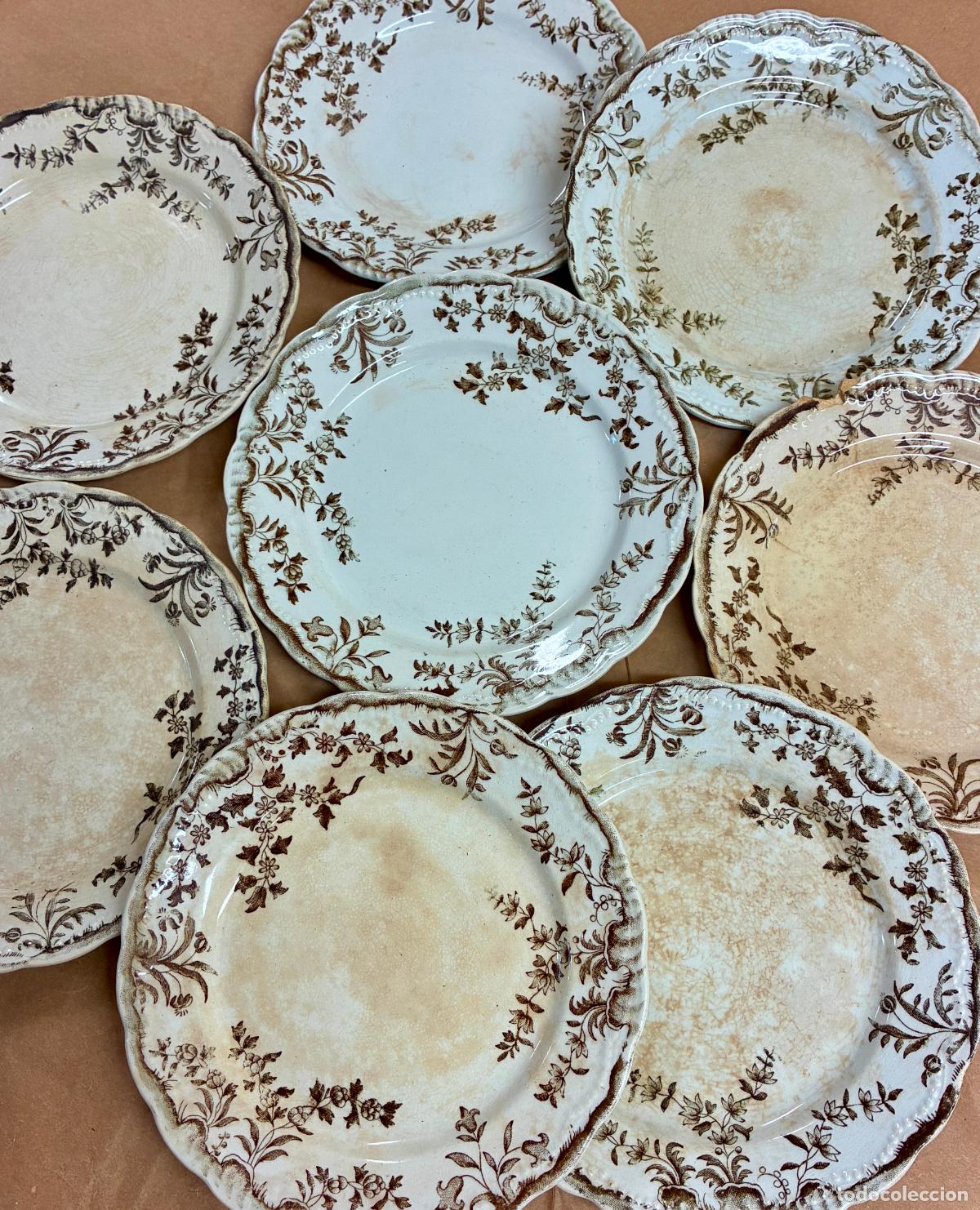 Antiques: 8Platos de postre en cer&aacute;mica loza estampada Sandeman MacDougall, san Juan de Aznalfarache. C. 1900.