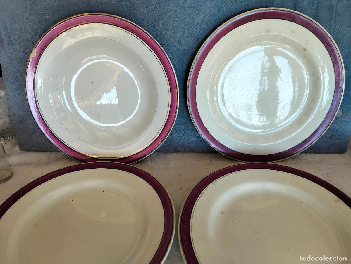 Antiguidades: Vajilla antigua 4 platos de porcelana blanca y filo lila y dorado La Ibero Tanagra S.A. a&ntilde;os 50