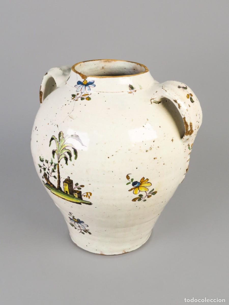 Antig&uuml;edades: Jarr&oacute;n cer&aacute;mica de Talavera con paisaje siglo XVIII