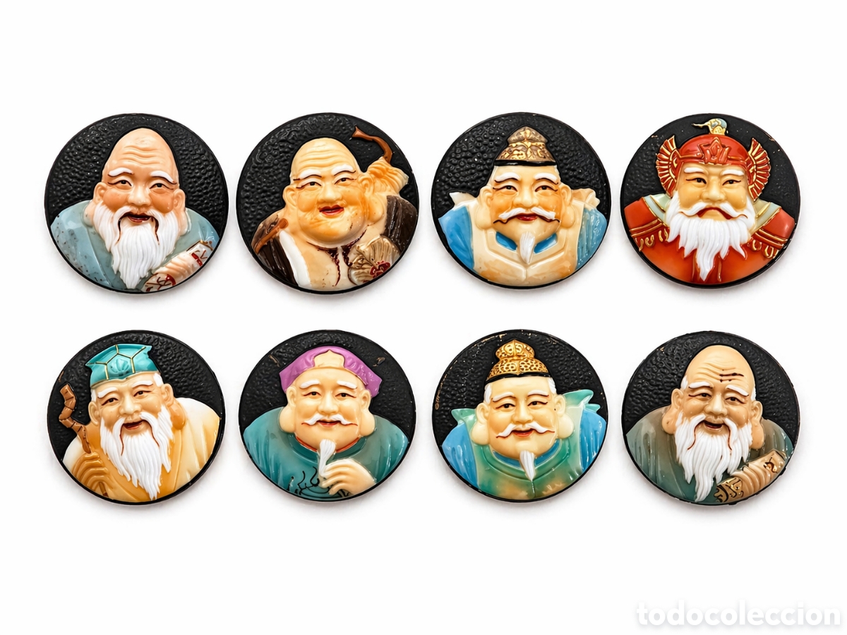 Antig&uuml;edades: Lote de 8 botones Toshikane antiguos &ndash; porcelana japonesa con figuras tradicionales