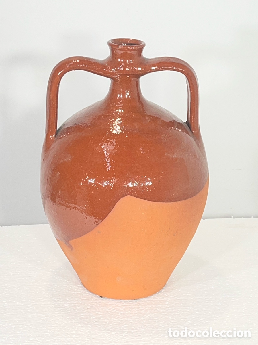 Antig&uuml;edades: antiguo botijo de barro con doble asa vidriado