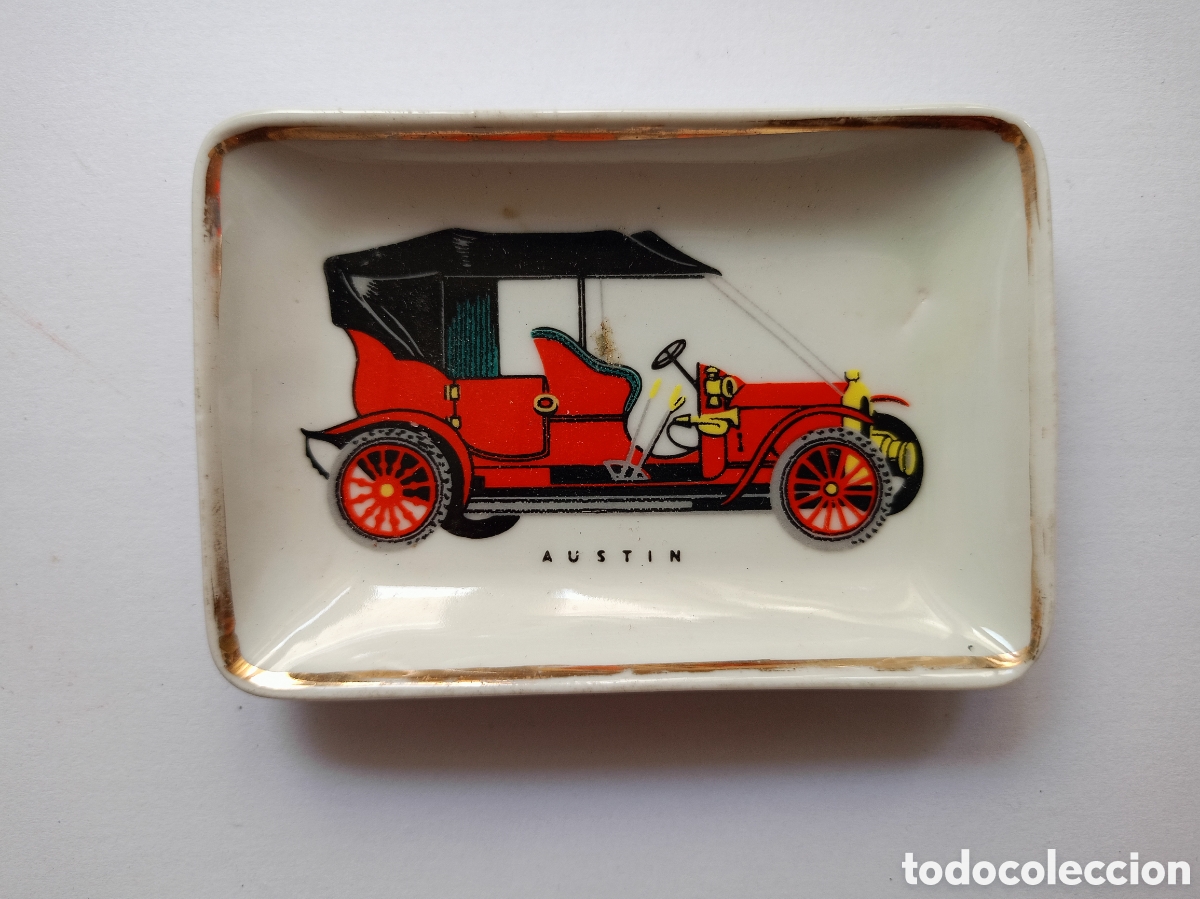 Antiguidades: Bandejita decorativa imagen impresa de coche cl&aacute;sico Austin. Vidrio y Cer&aacute;mica Hispania