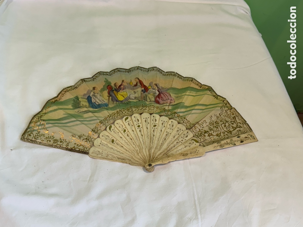 Antig&uuml;edades: Abanico isabelino siglo XIX doble cara pintado a mano antiguo