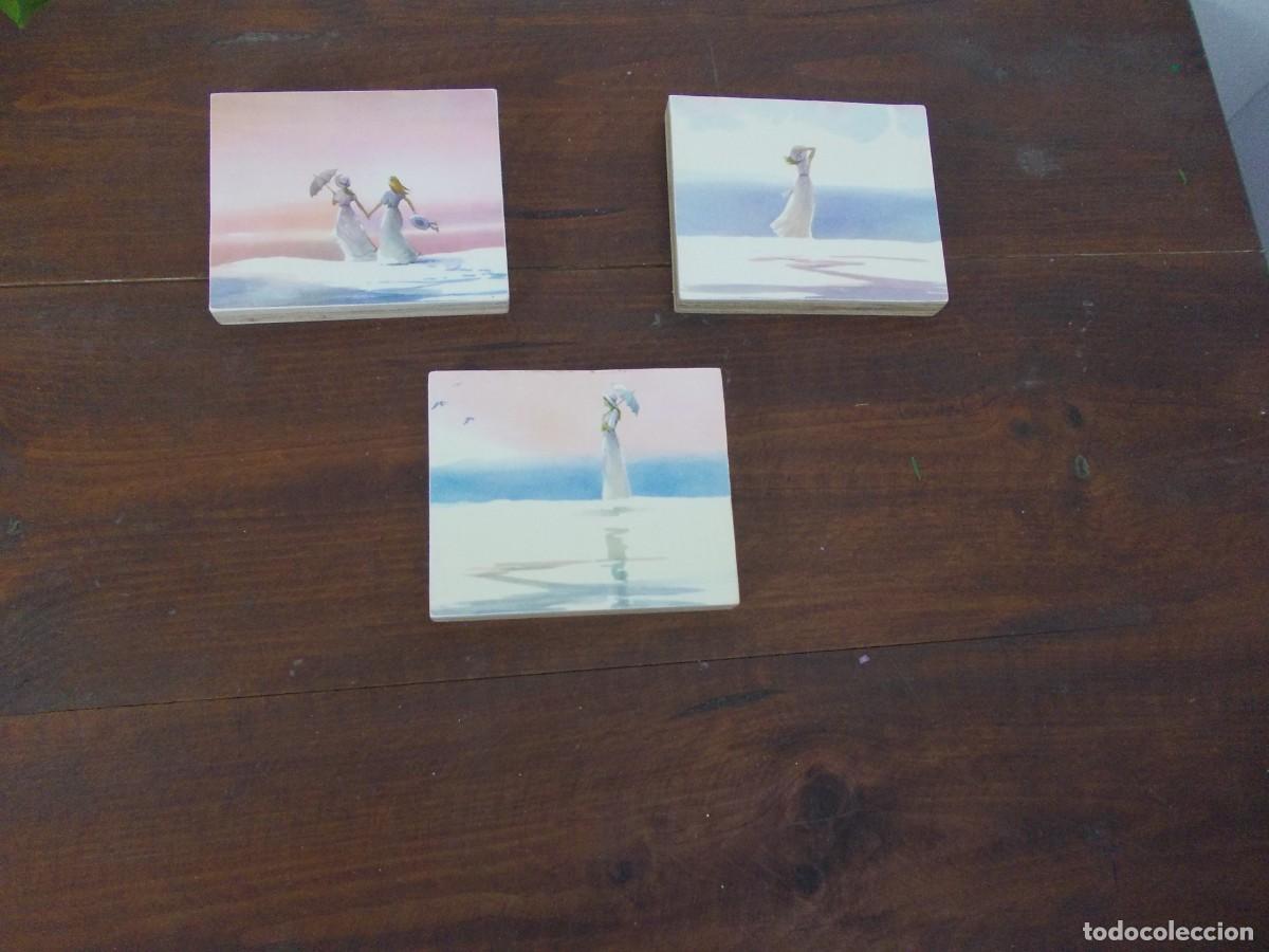Antig&uuml;edades: tres cuadros Madera Rom&aacute;nticas Damas Sombrilla Paisaje Playa Pastel Retro A&ntilde;os 80 Decoraci&oacute;n