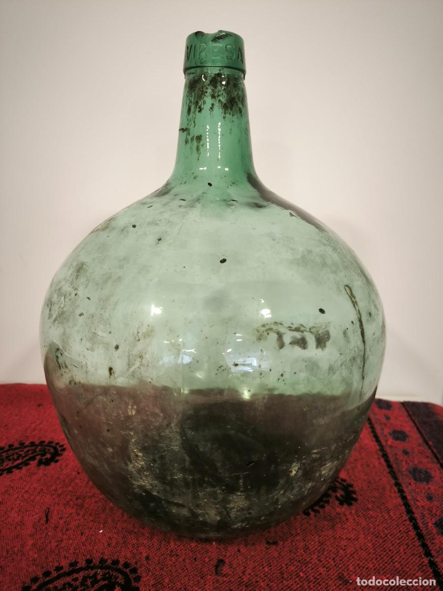 Antig&uuml;edades: Antigua Damajuana De Vidrio Verde &ndash; Garrafa Tradicional Mediados Siglo XX 43 Cms