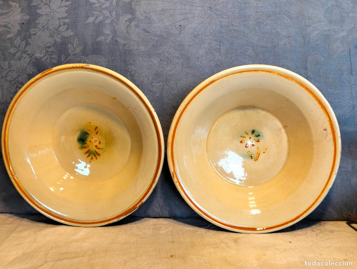 Antig&uuml;edades: Pareja de plato platos de ceramica tradicional Catalana de la Bisbal dibujo floral a&ntilde;os 20-30