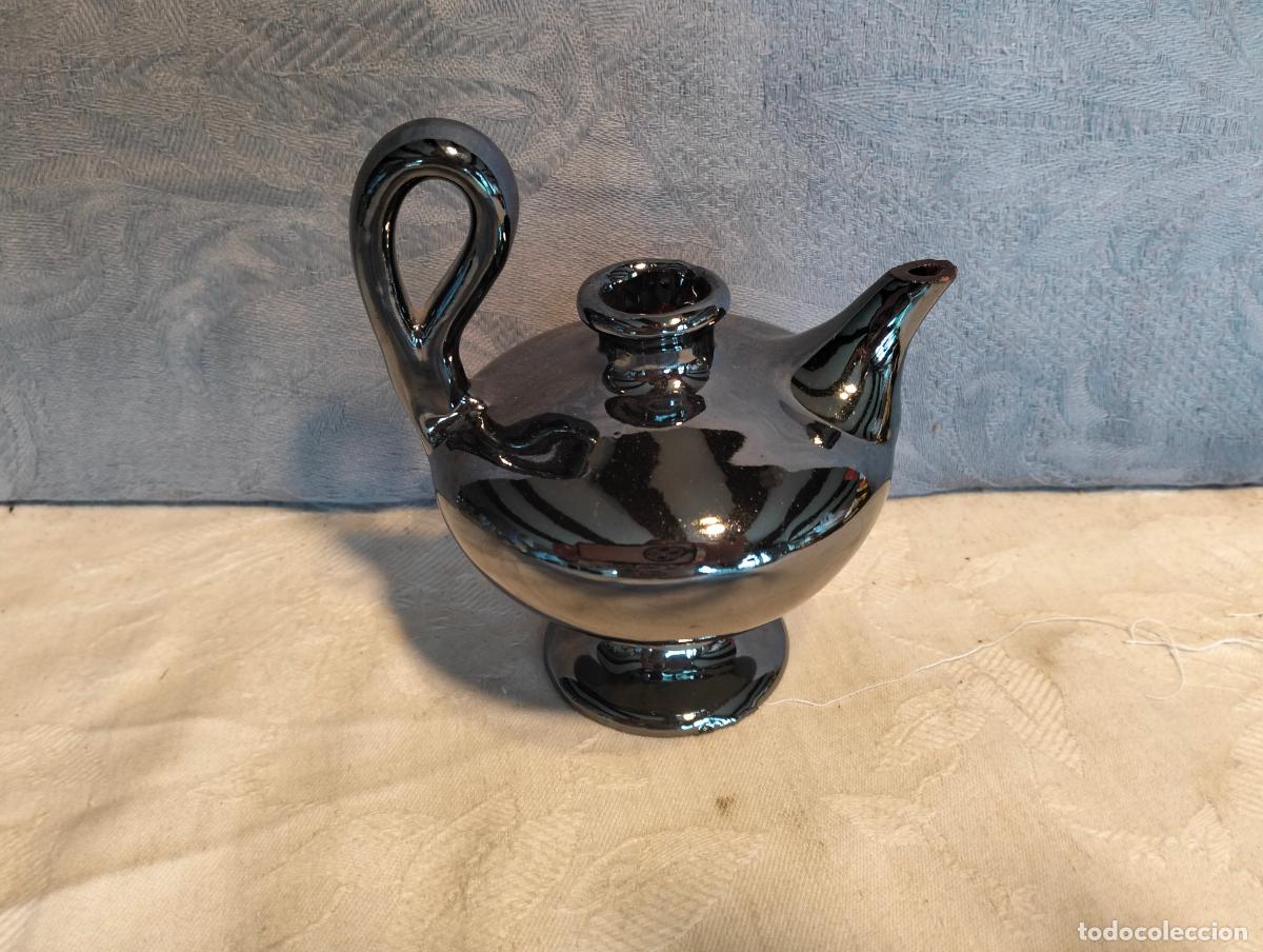 Antig&uuml;edades: Luz de aceite candil de ceramica cobriza gris objeto decorativo botijo peque&ntilde;o de los a&ntilde;os 60-70