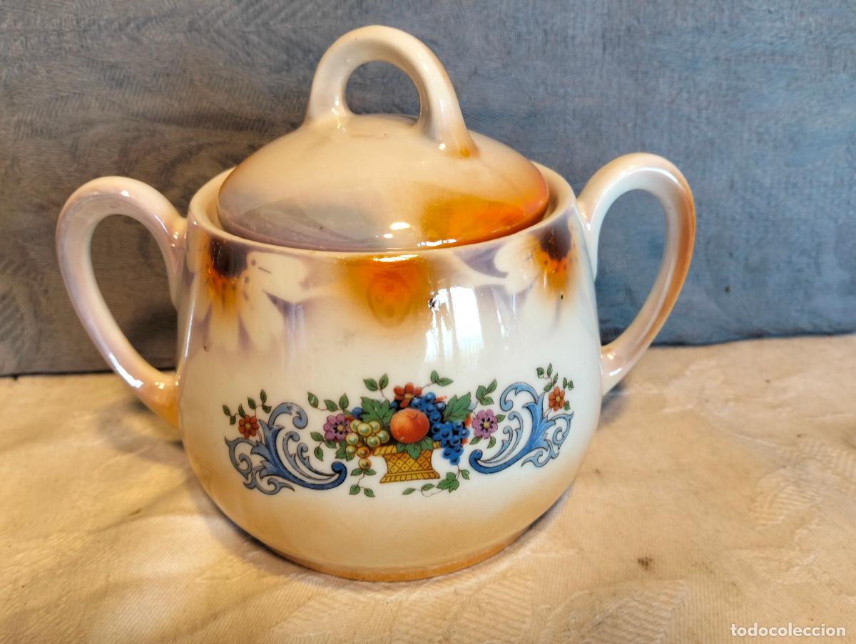 Antig&uuml;edades: Azucarero azucarera de porcelana nacarada naranja con dibujos florales con tapa de los a&ntilde;os 30-40
