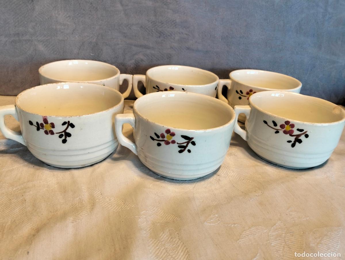 Antig&uuml;edades: 6 taza tazas grandes de loza ceramica flores pintadas de manises de la gitana de los a&ntilde;os 30-40