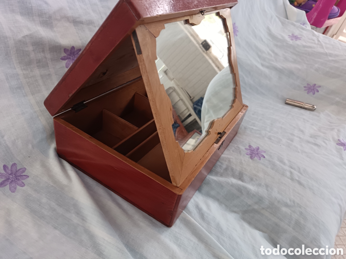 Antig&uuml;edades: ANTIGUA CAJA JOYERO TOCADOR, ESPEJO ABATIBLE.