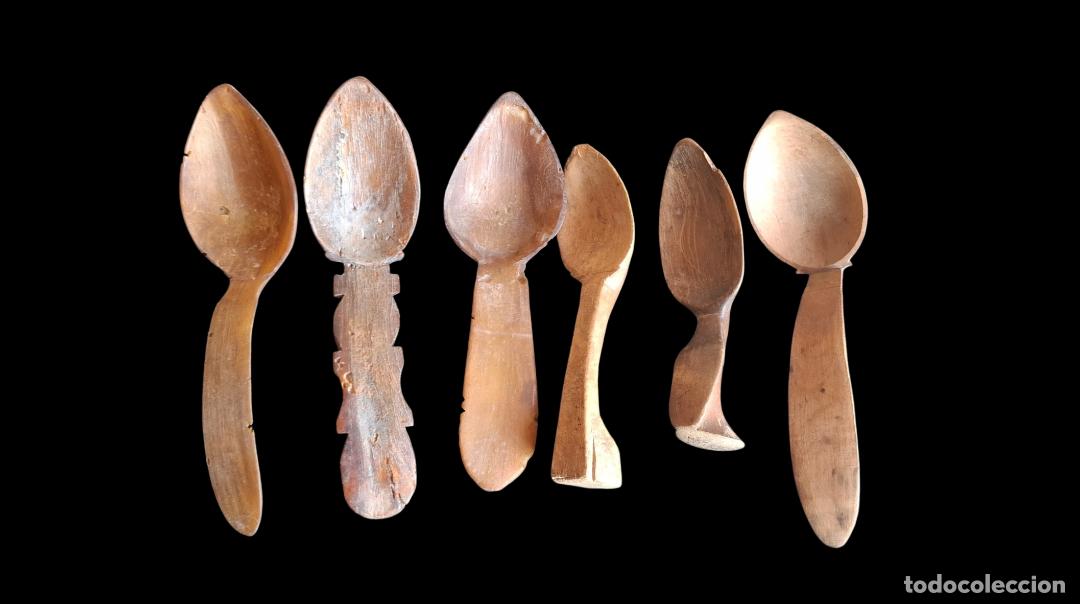Antig&uuml;edades: (ANT-260406)LOTE DE 3 CUCHARAS DE ASTA Y 3 DE MADERA DE BOJ - ARTE PASTORIL