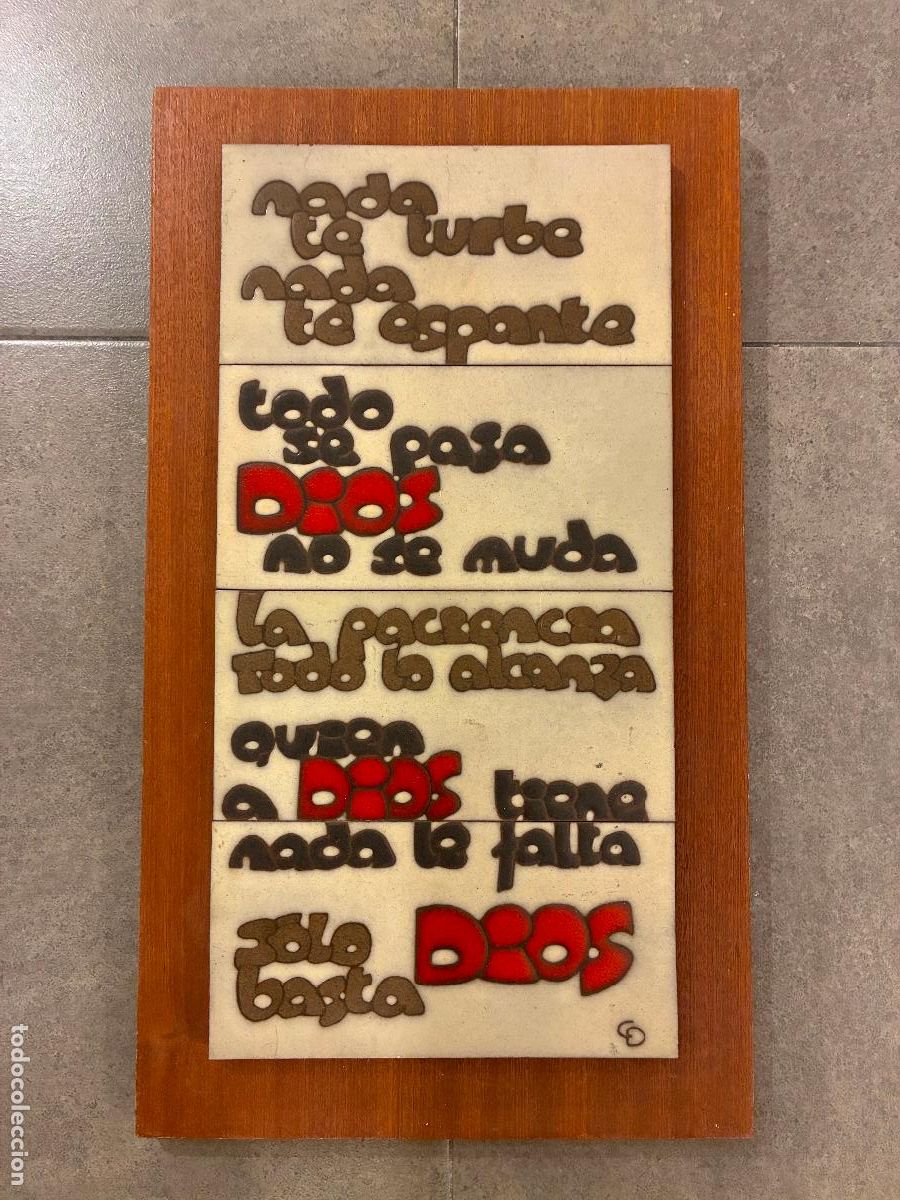 Antig&uuml;edades: Santa Teresa de Jes&uacute;s frase c&eacute;lebre sobre cer&aacute;mica firma CD Carmelitas Descalzas 39 x 20 cm