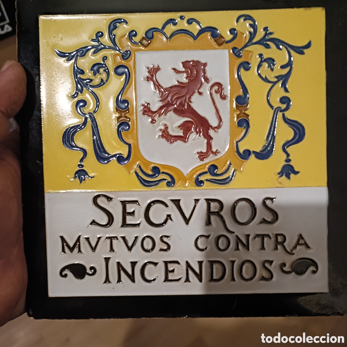 Antig&uuml;edades: Antiguo azulejo publicitario seguros mutuos contra incendios Le&oacute;n