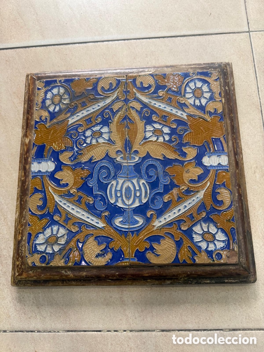 Antig&uuml;edades: Lote de 2 azulejos largos antiguos, montados en tabla