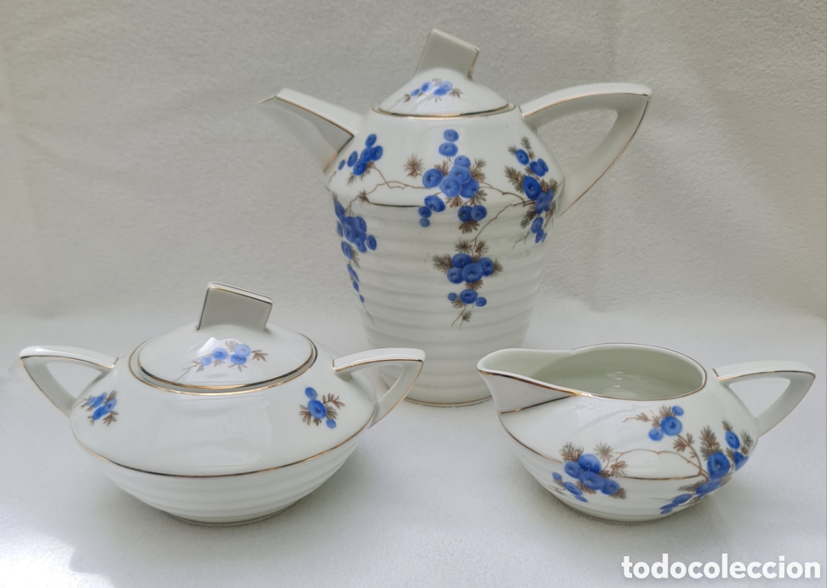 Antig&uuml;edades: Servicio de caf&eacute; vintage estilo Art Deco. Incluye tetera, azucarero y lechera.