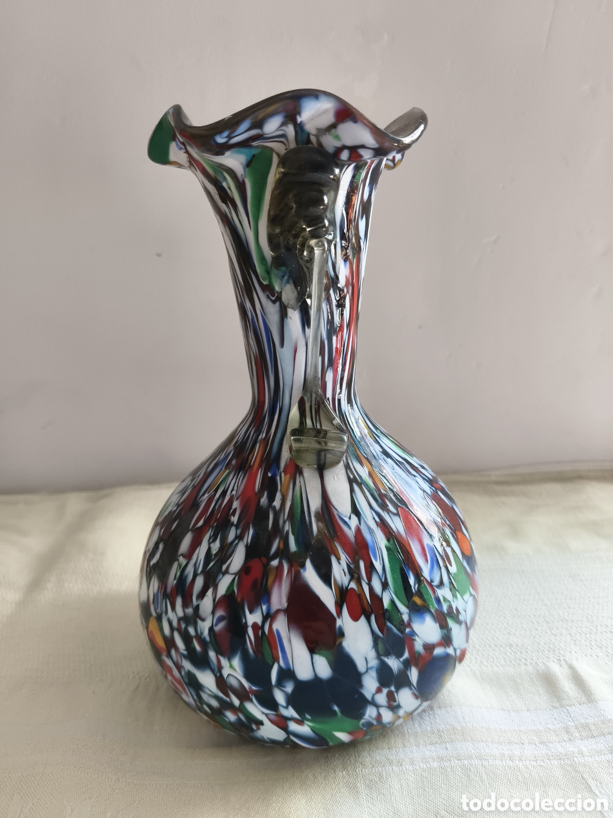 Antig&uuml;edades: Llamativo jarr&oacute;n cristal de Muranno de los llamados millefiori Italia mitad siglo XX