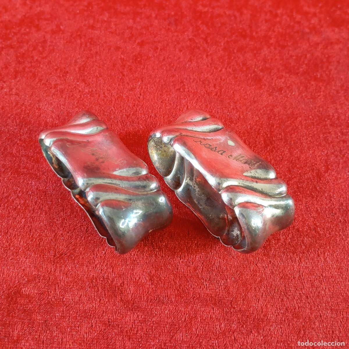 Antig&uuml;edades: JUEGO DE 2 SERVILLETEROS EN ALPACA - TRABAJADOS - CON NOMBRES GRABADOS - 65 X 30 X 20 MM / 2856