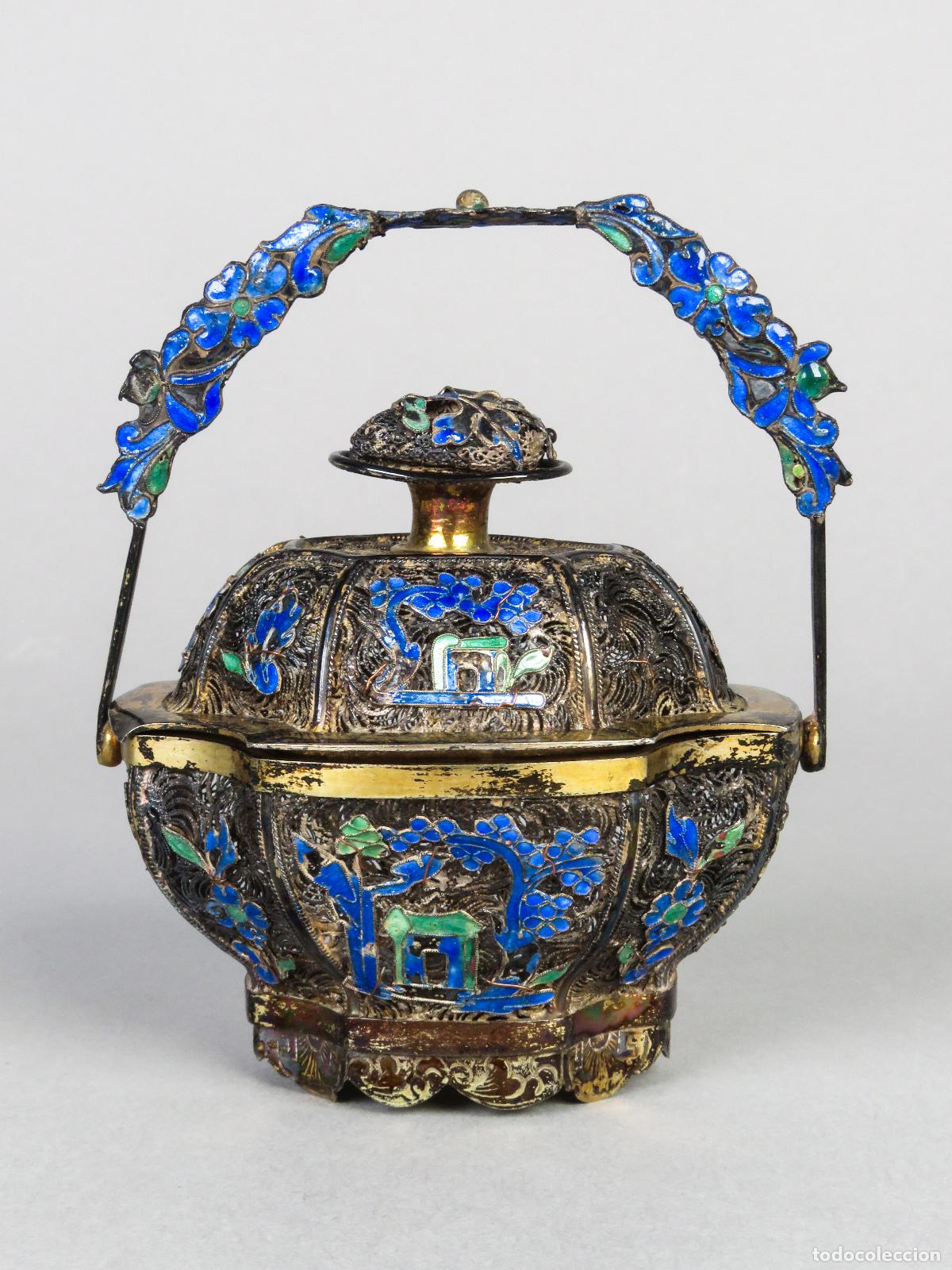 Antig&uuml;edades: Cesta de Filigrana de plata dorada y esmalte China siglo XIX