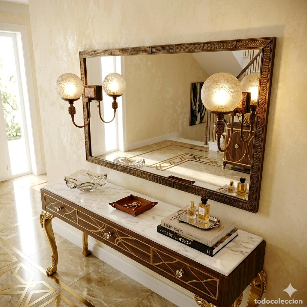 Antig&uuml;edades: Espejo antiguo modernista de mediados del S.XX Mid Century en bronce con detalle y dos apliques