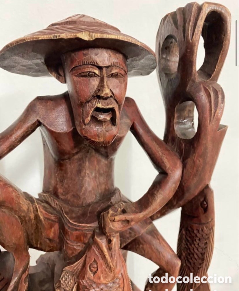 Antig&uuml;edades: Figura pescador Chino en Madera