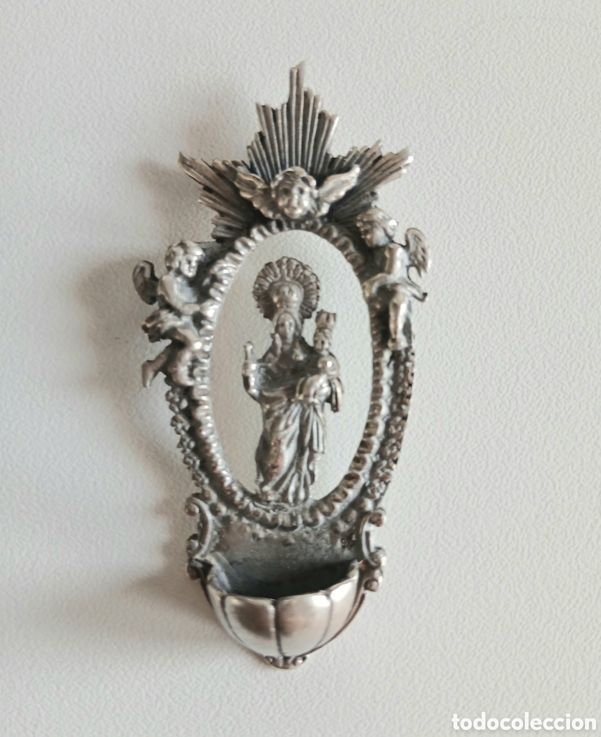 Antig&uuml;edades: Pila de Agua Bendita en Plata de Ley 925 - Iconograf&iacute;a Mariana y Querubines - 17 gr.