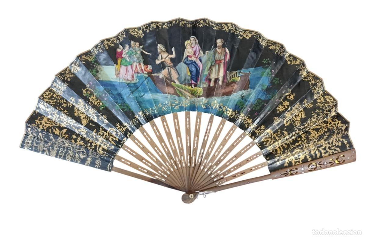 Antig&uuml;edades: ANTIGUO ABANICO ISABELINO. VARILLAJE DE MADERA Y PAPEL PINTADO A MANO. ESPA&Ntilde;A. SIGLO XIX.