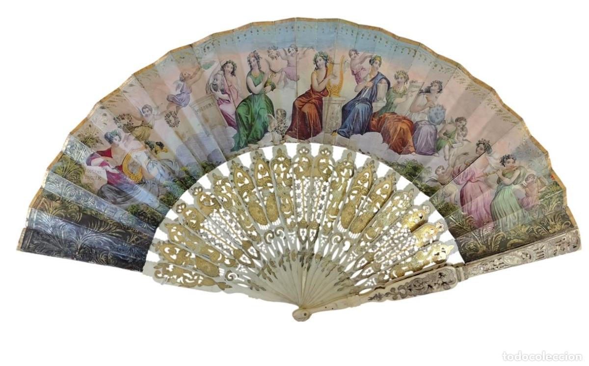 Antig&uuml;edades: ANTIGUO ABANICO DE ESTILO ISABELINO. VARILLAJE DE HUESO Y PAPEL PINTADO A MANO. ESPA&Ntilde;A. SIGLO XIX.