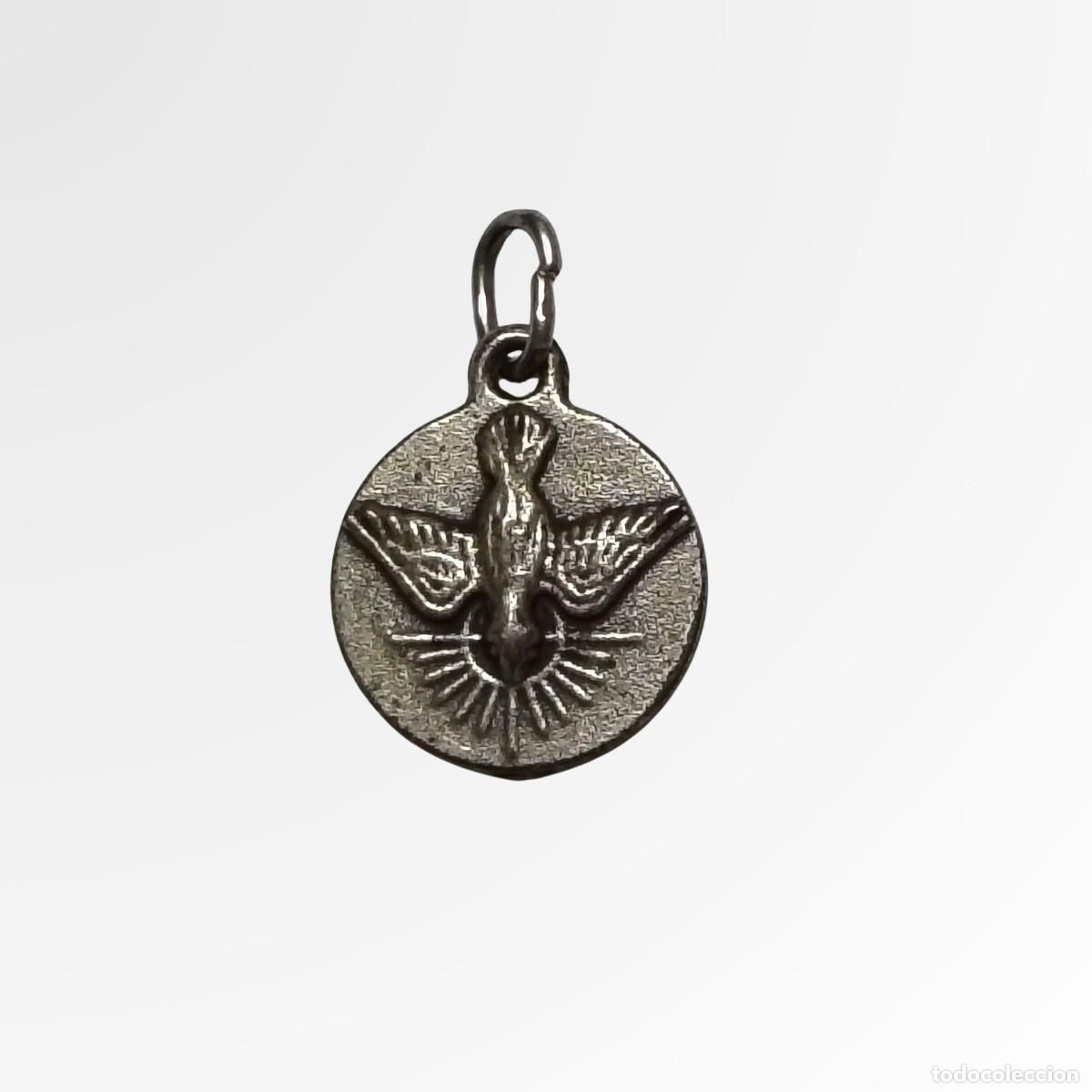 Antig&uuml;edades: Antigua Medalla Religiosa Vintage Esp&iacute;ritu Santo Virgen Plateada Colgante 12mm