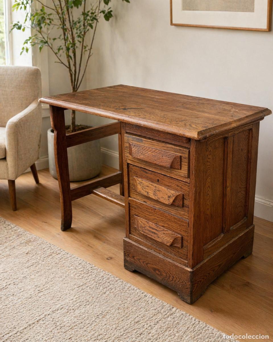 Antig&uuml;edades: Escritorio antiguo de roble &ndash; mueble de oficio con cajonera lateral y silla de roble