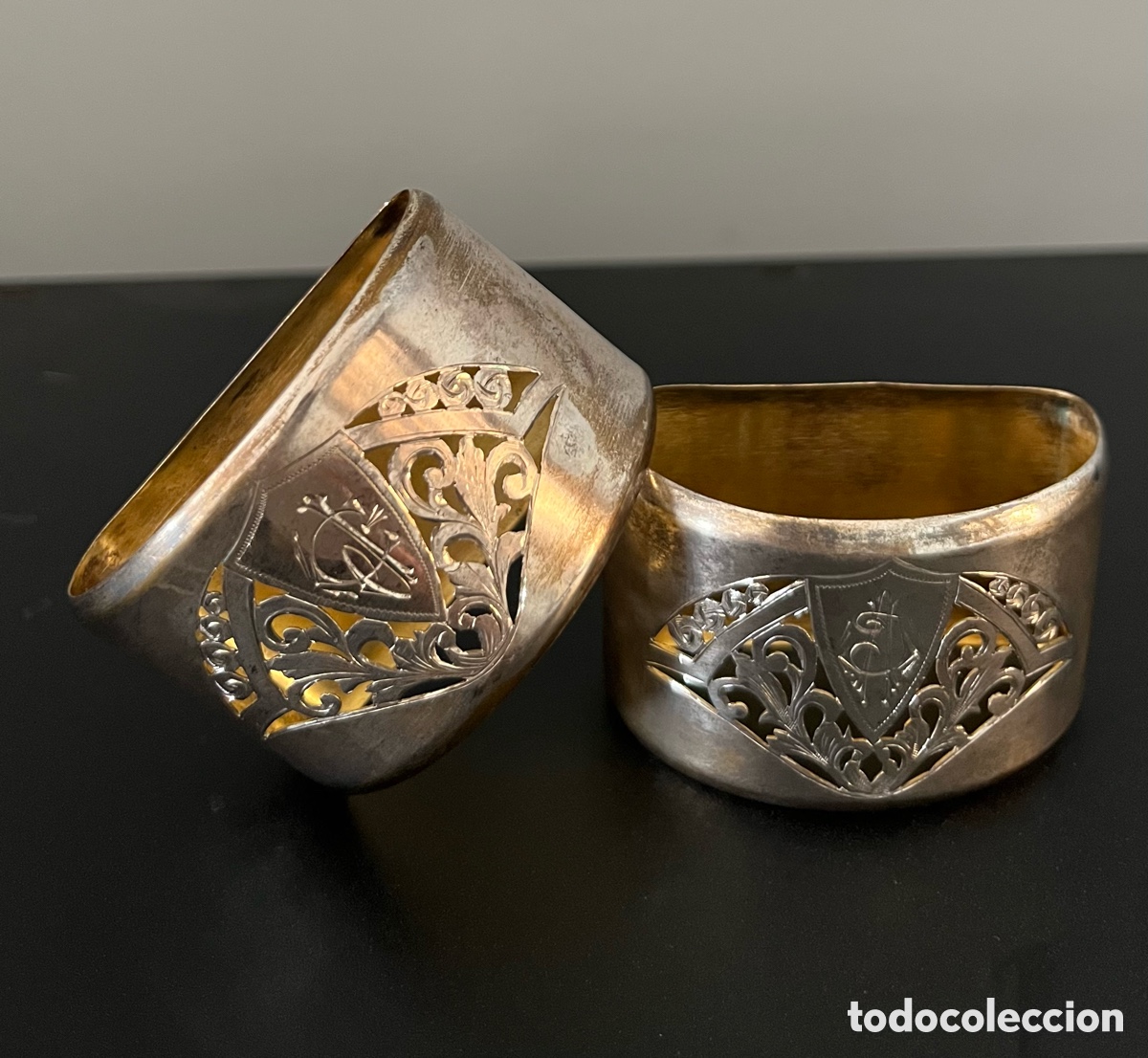 Antig&uuml;edades: Pareja servilleteros antiguos plata ( vermeil)