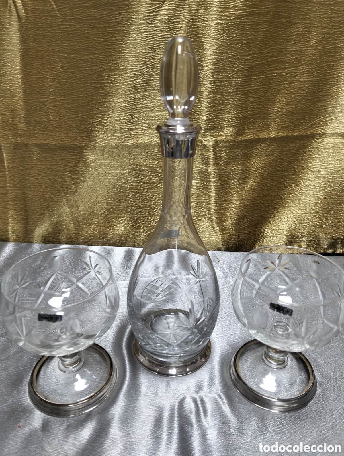 Antig&uuml;edades: JUEGO CRISTAL TALLADO A MANO Y PLATA DE LEY